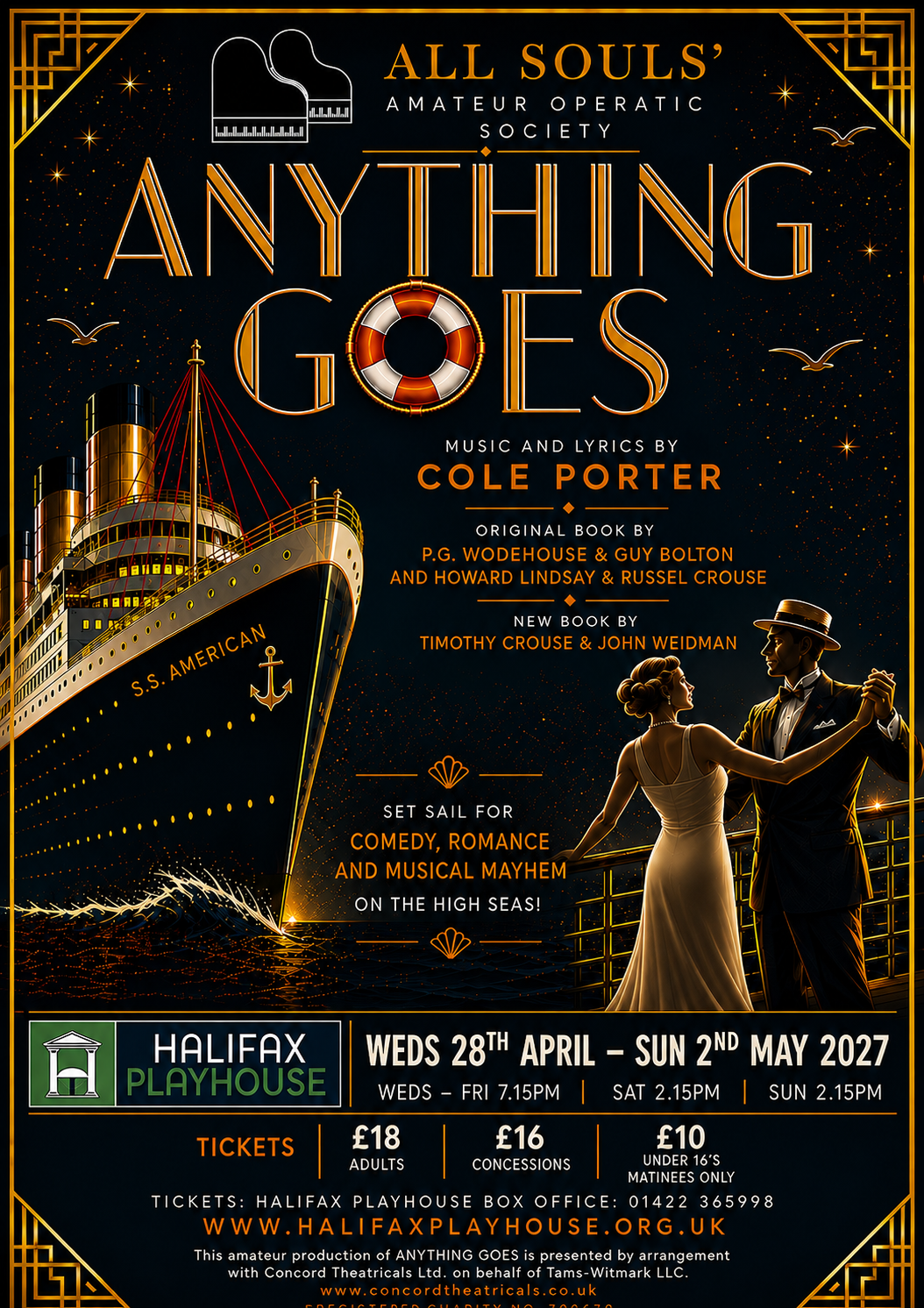 All Souls Anything Goes poster: 28 April to 2 May 2027 at Halifax Playhouse