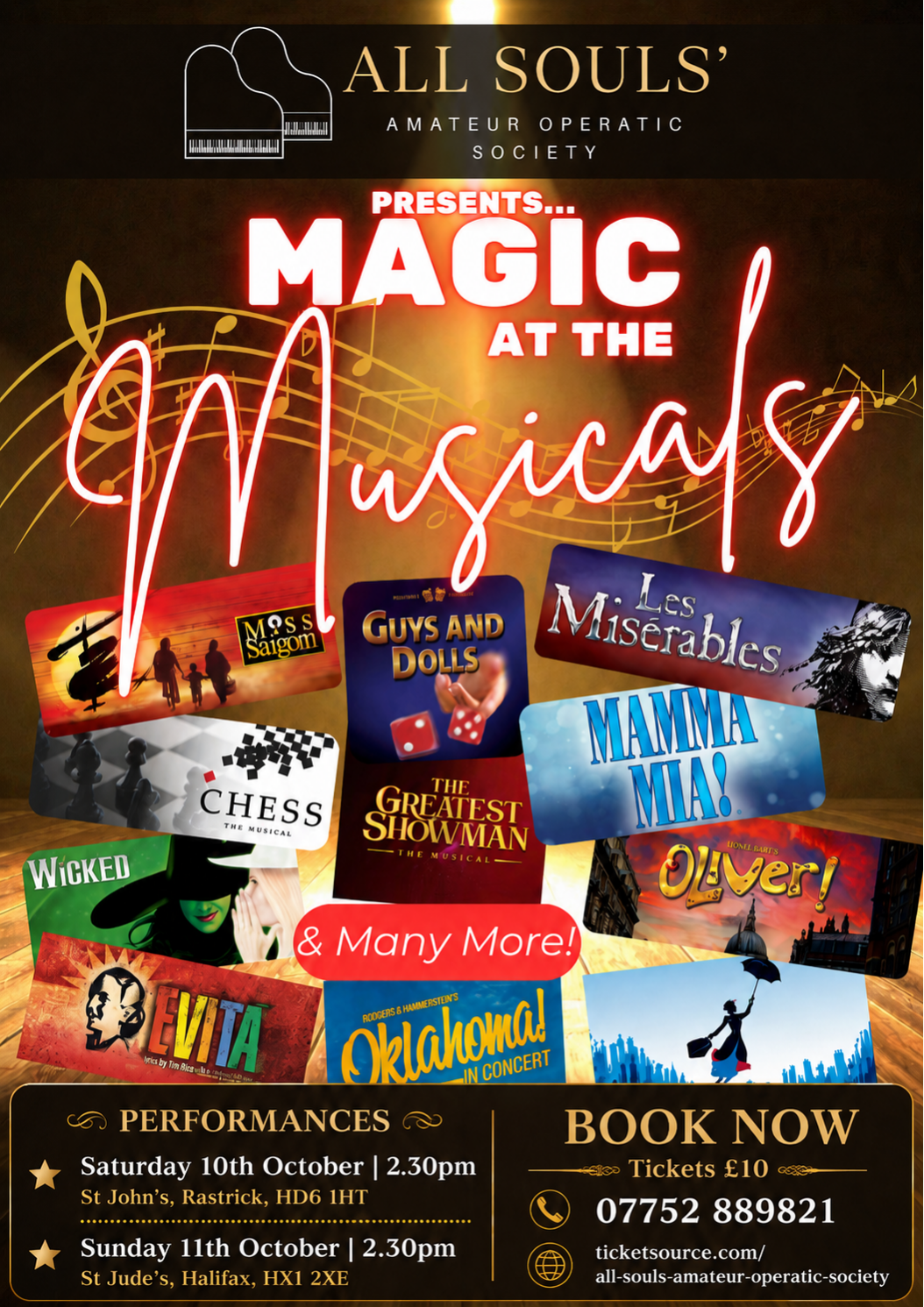 All Souls Magic at the Musicals poster: 10 October at St John’s, Rastrick and 11 October at St Jude’s, Halifax, both at 2.30pm